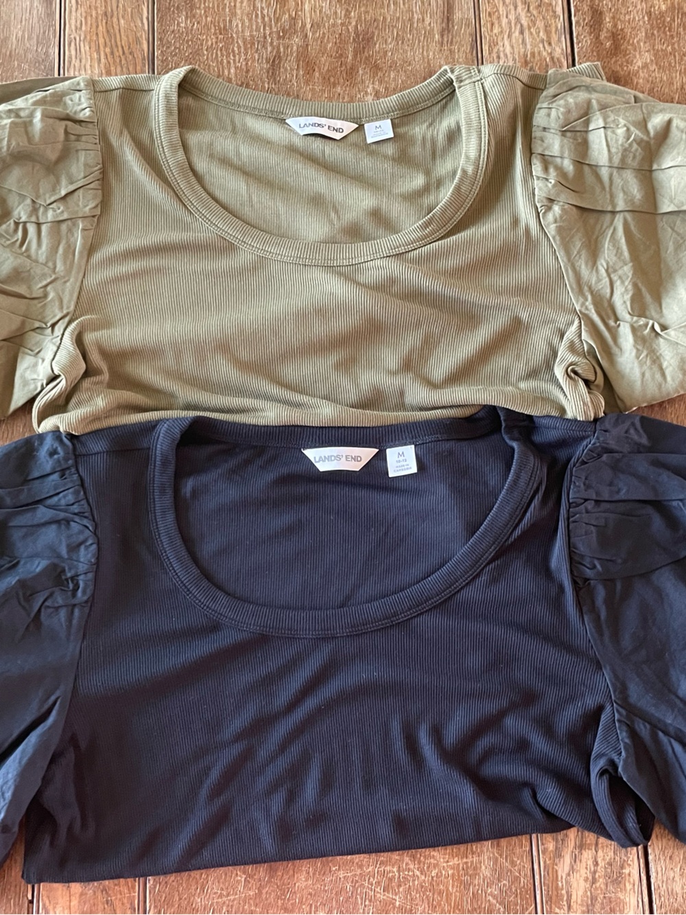 Lands' End Ribbed Puff Sleeve Tee Set - Olive Green & Black (Women’s M)
